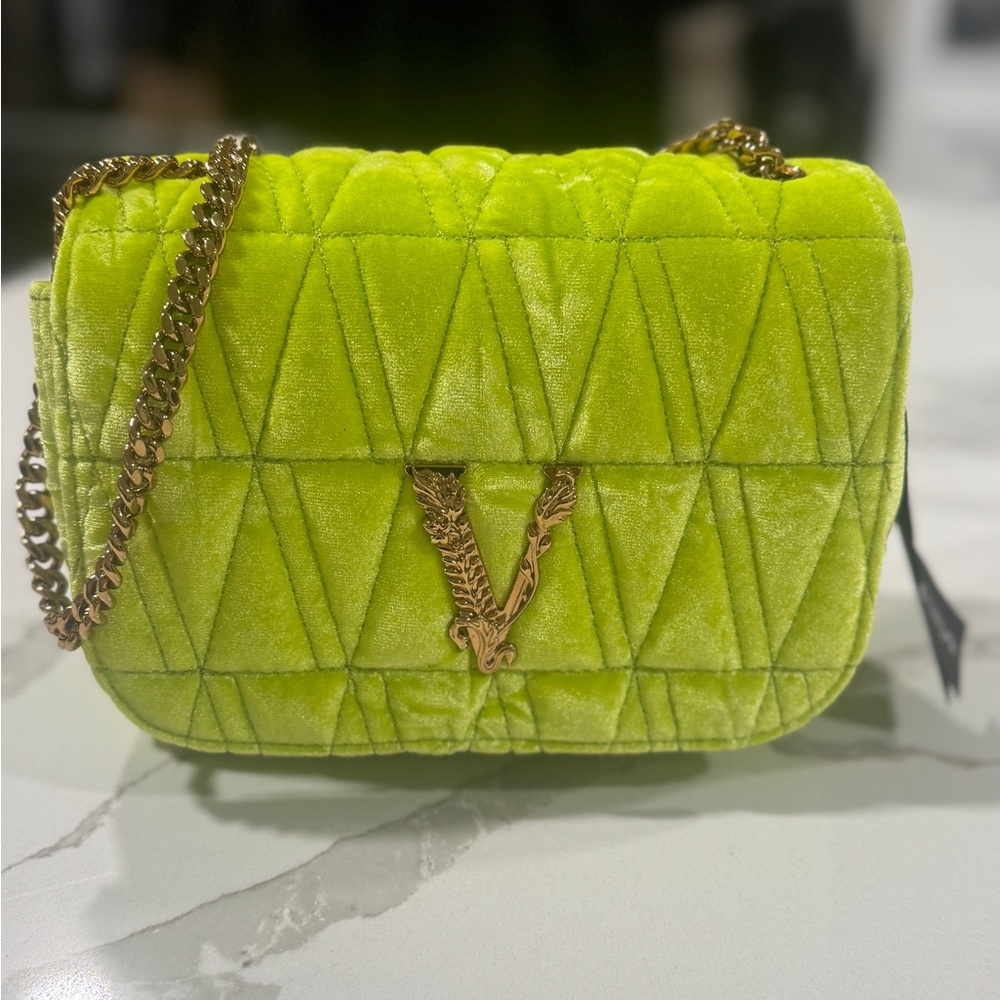 Versace Neon Green Quilted Velvet Crossbody Bag